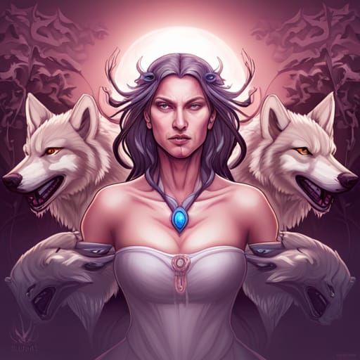 Mystical Woman Portrait with Wolves in Digital Art Style