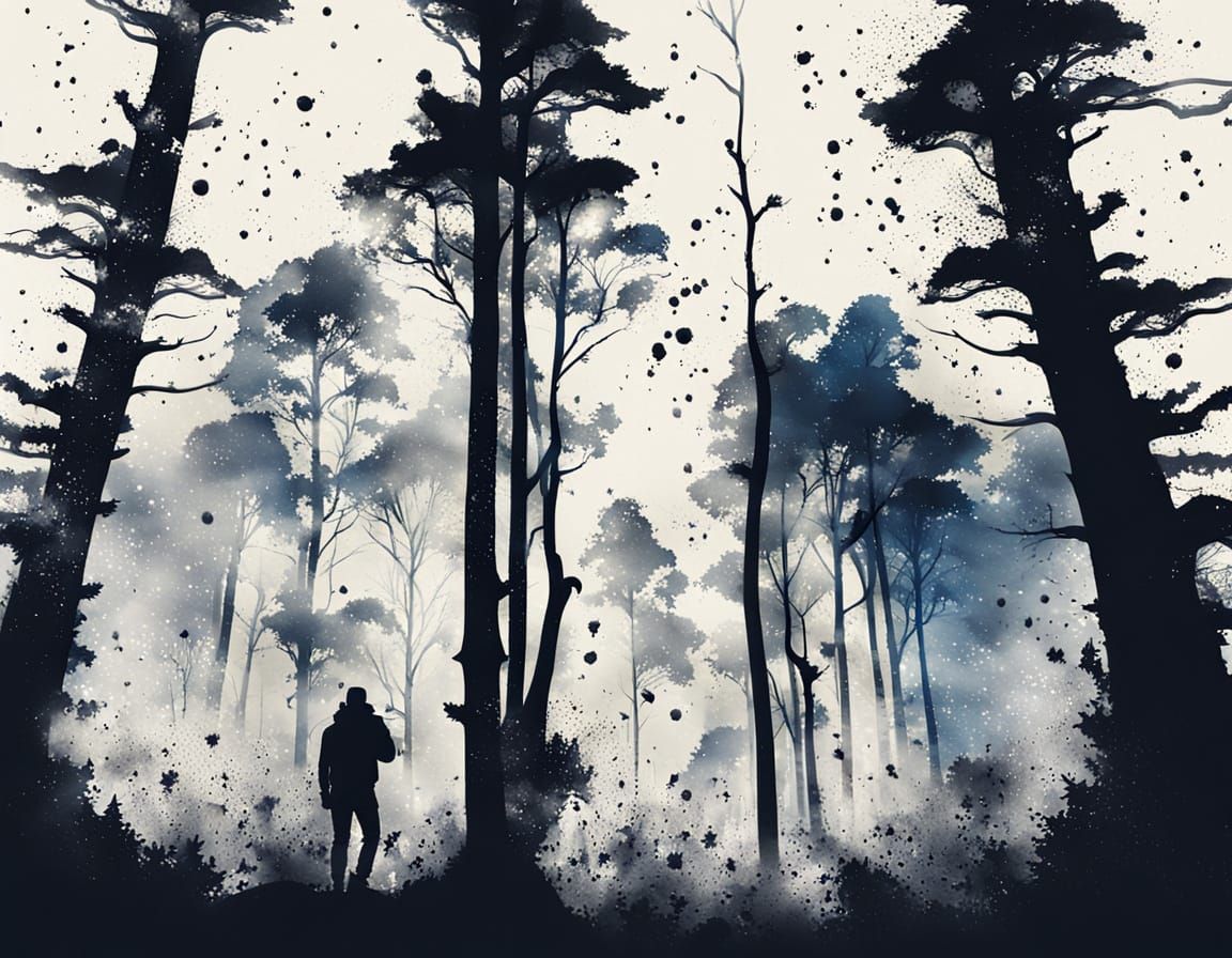 Ink Splatter Forest in Double Exposure Style