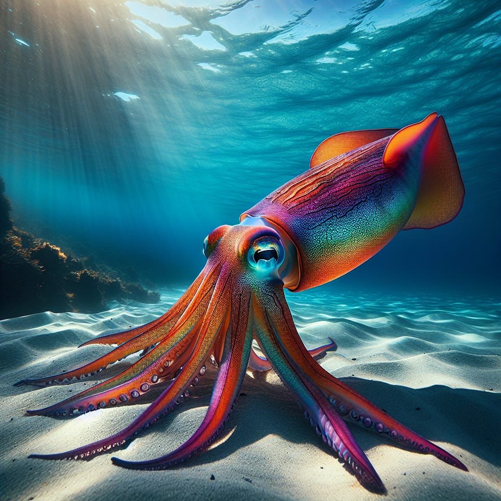Vibrant Giant Squid in Azure Ocean Depths