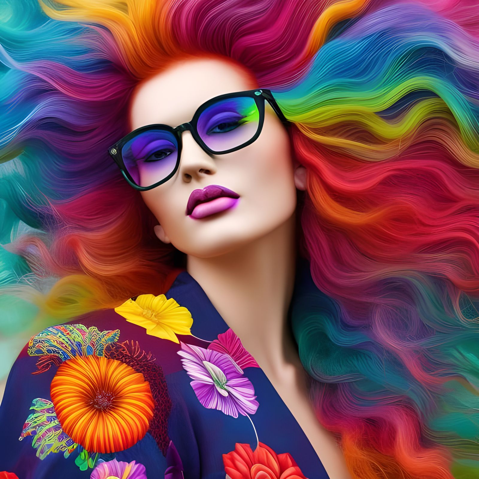 Psychedelic Redhead Portrait with Rainbow Hair