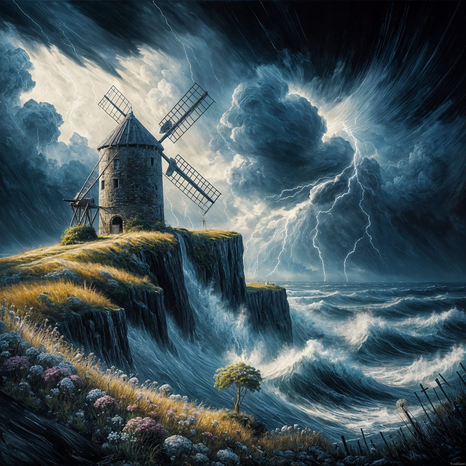 Stormy Seas and Windmill on Cliff Edge, Impasto Oil Painting