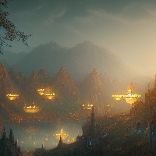 Fantasy Valley Village Under Moonlit Starry Sky