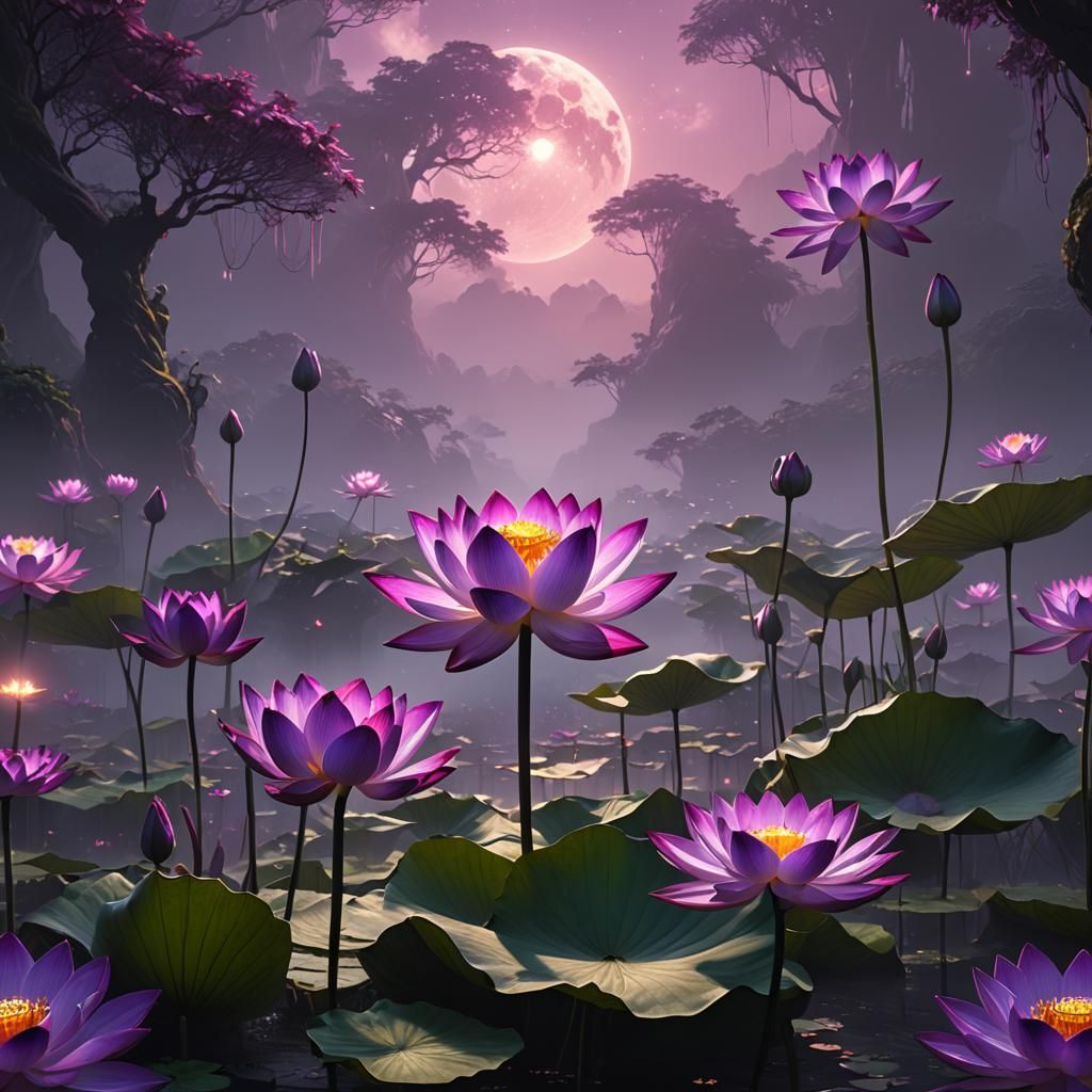 Mystical Purple Lotus Flower in Fantasy Art