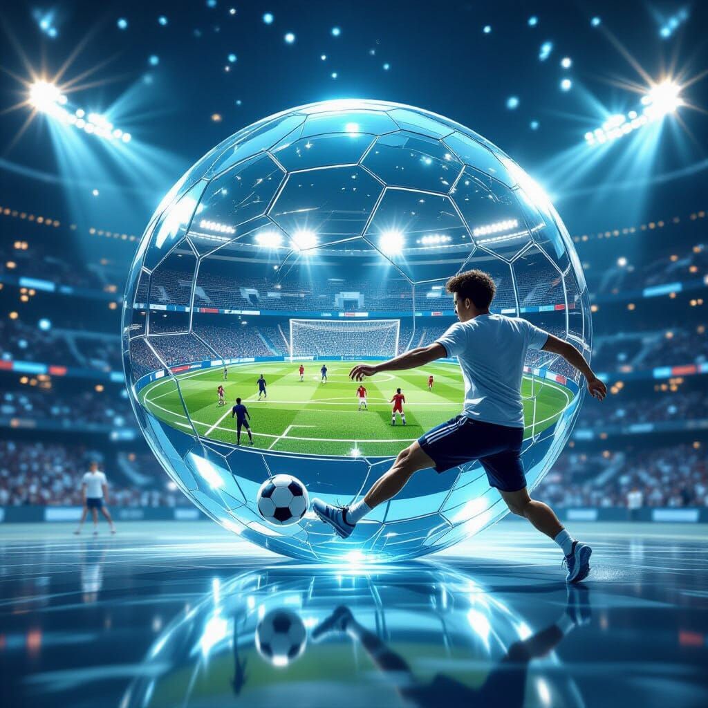 Giant Glass Ball Soccer Field: Hyperrealistic Scene