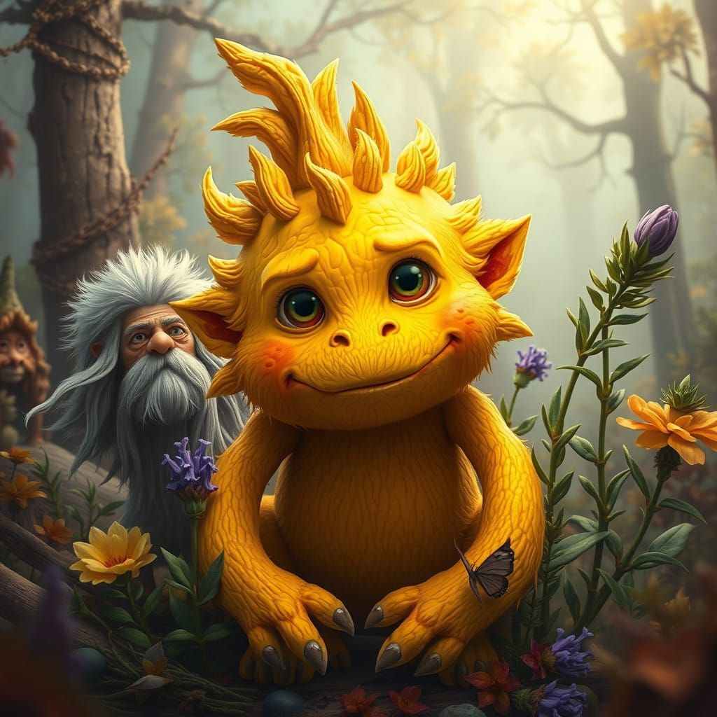 Golden Turmeric Creature Surrounded by Whimsical Herb Friend...