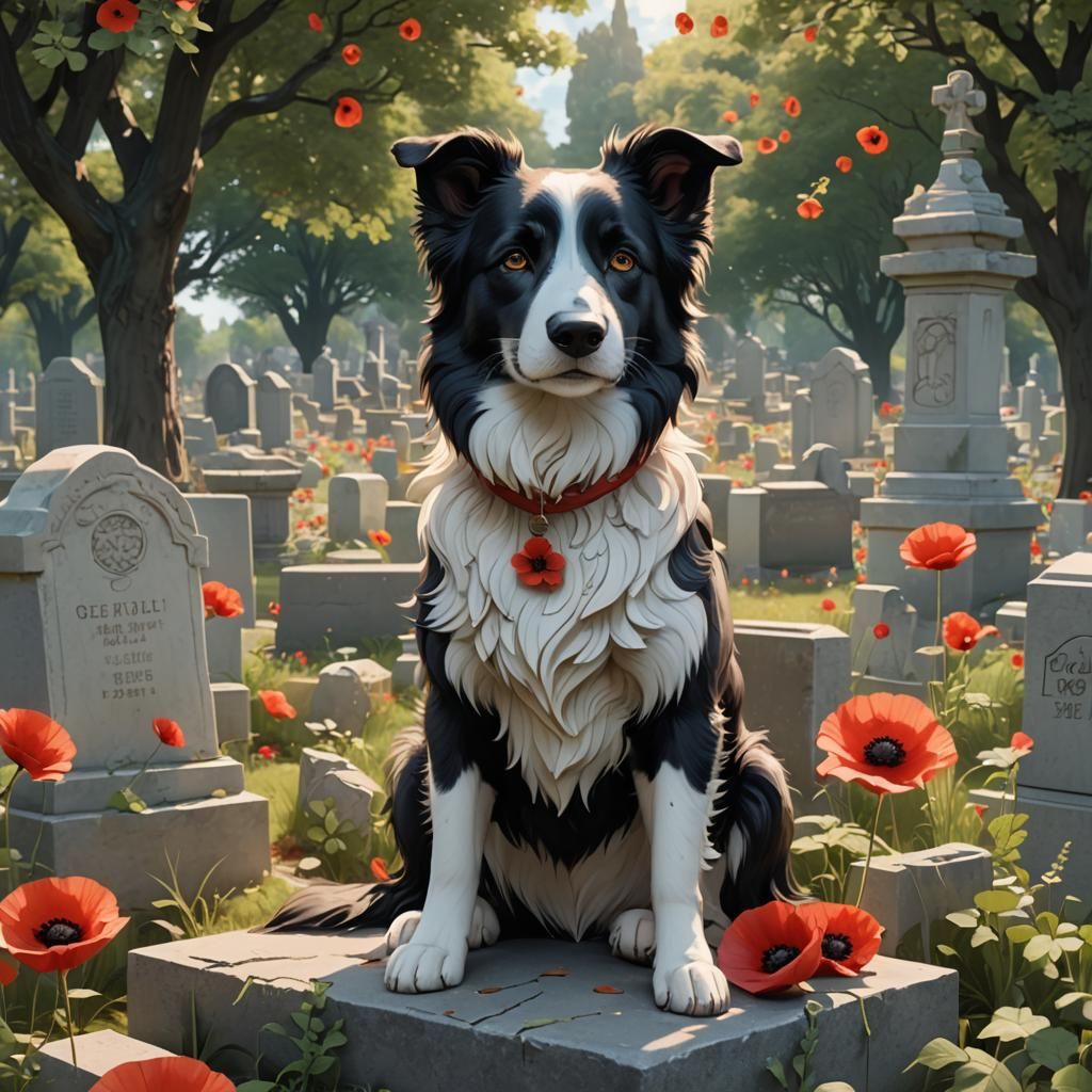 Border Collie with Poppy in Anime Cemetery