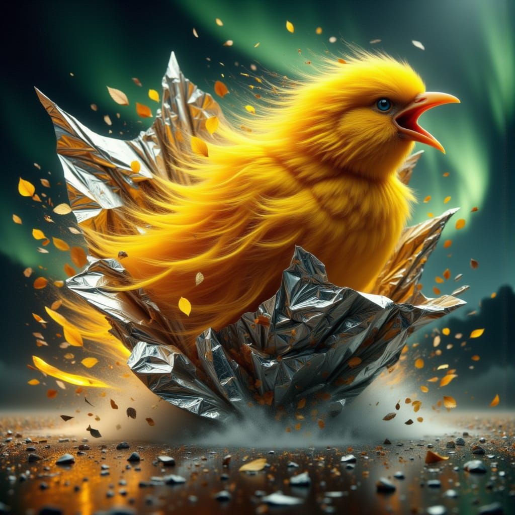 Vibrant Yellow Canary Explodes from Silver Foil in a Dramati...
