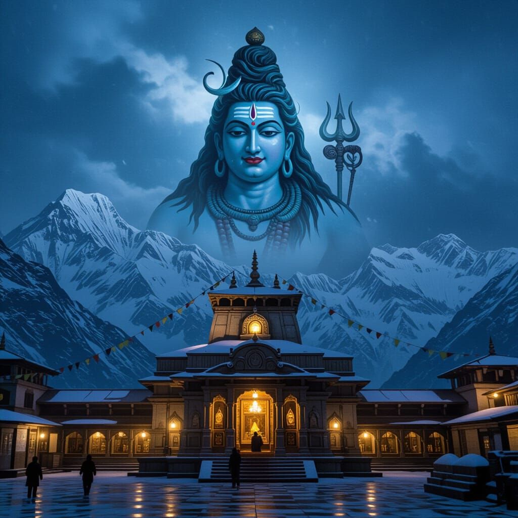 Kedarnath Temple with Shiva's Shadow in Himalayas