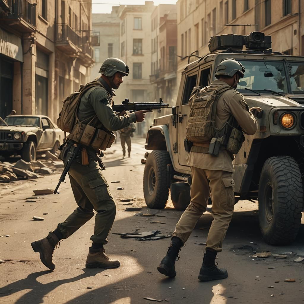 Soldier Apprehends Man in War-Torn Street: Cinematic Still