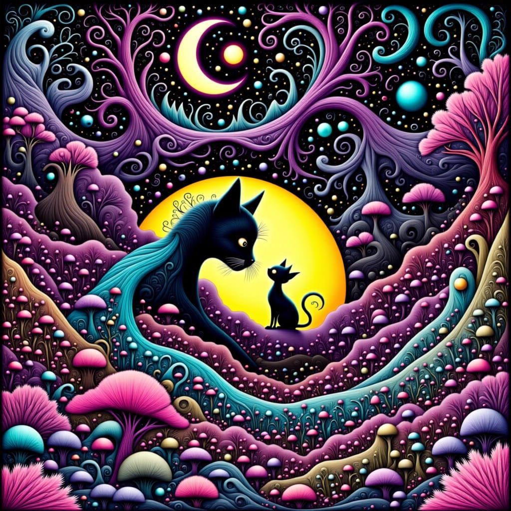 Black Cat Merging with Mystical Forest, Matte Digital Painti...