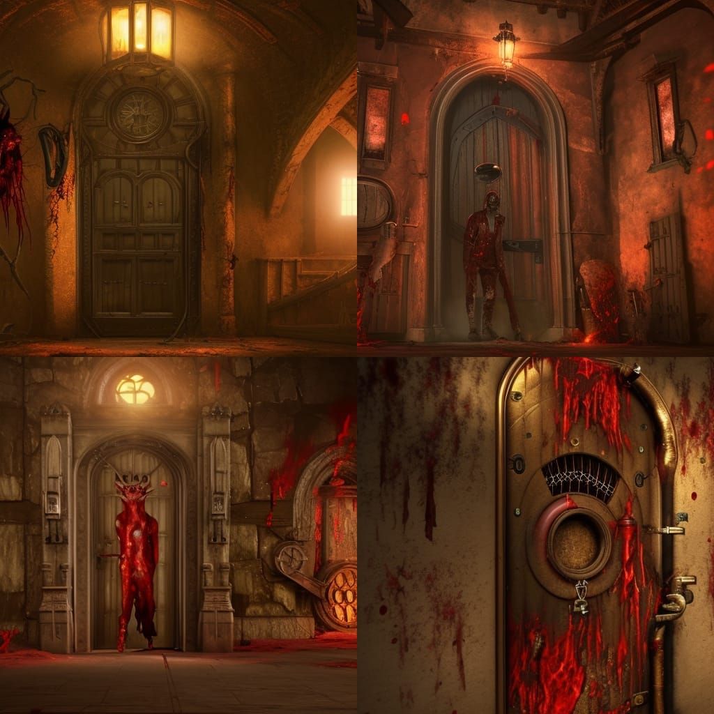 haunted old castle door opens  scary bloody creature covered with blood and gold liquid realistic clearly visible digita...