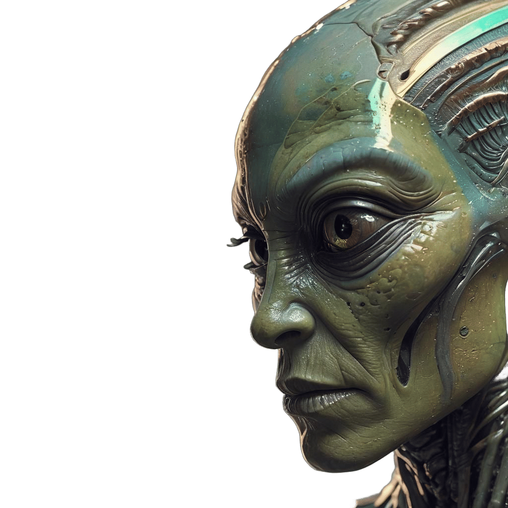 Envision an advanced alien world where humans and holographi...