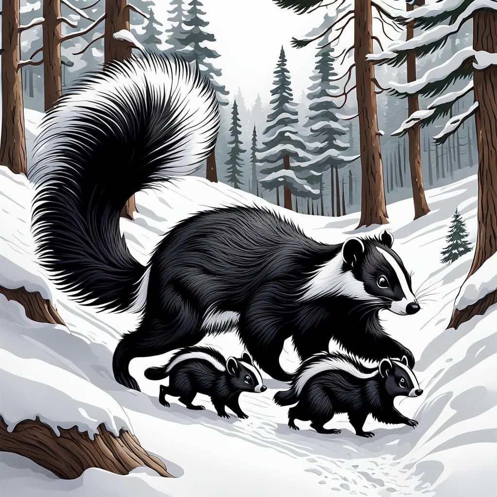 mother skunk and her babies