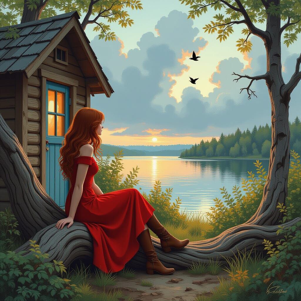 Woman in Red Dress Gazing at Lake, Atmospheric Illustration