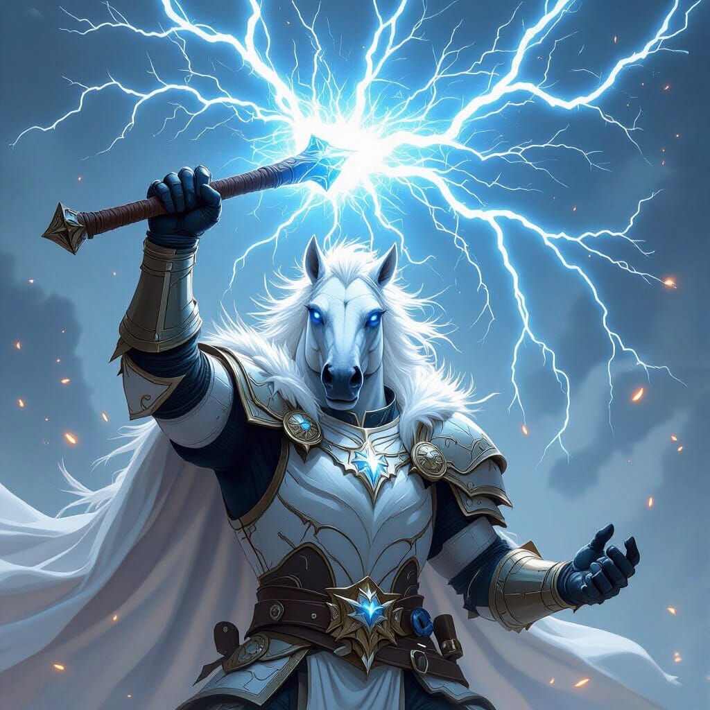 Equine Paladin Wields Lightning Warhammer