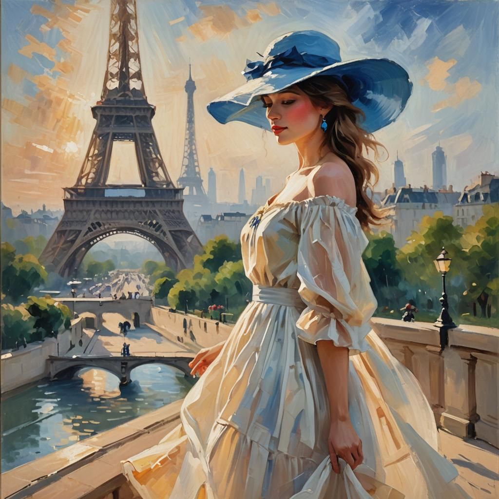 Impressionist Painting of Lady in Paris with Eiffel Tower