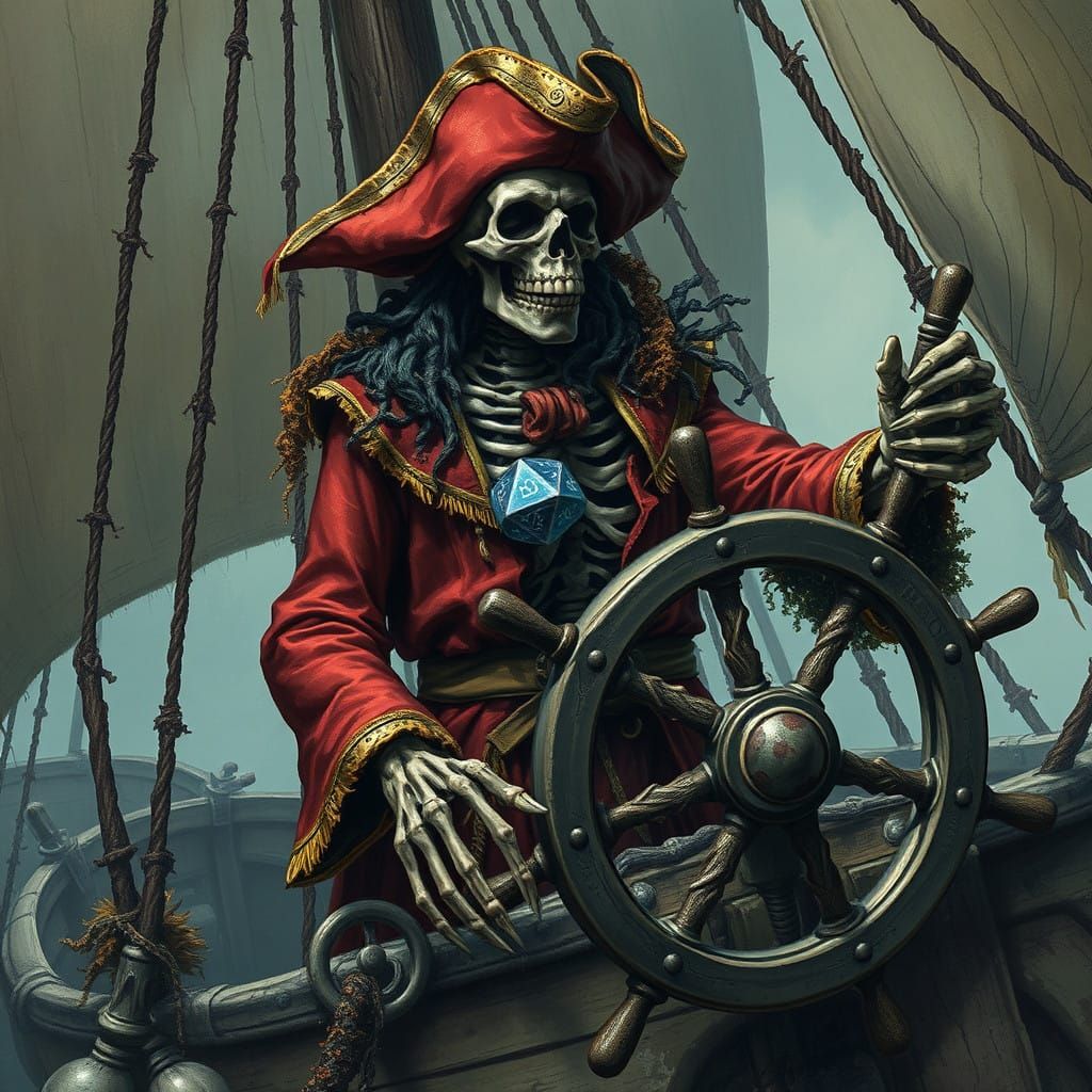 Decrepit Pirate Skeleton at the Helm of a Ghost Ship