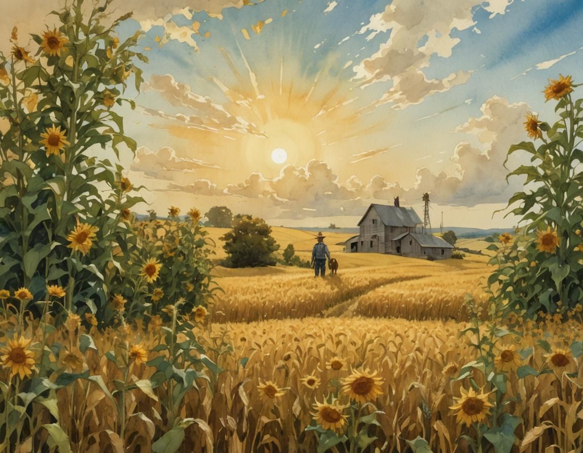Watercolor Comic Art: Farmer in Sunflower Field