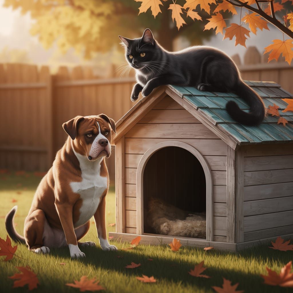 Black Cat Dominates Doghouse in Autumn Sunlight