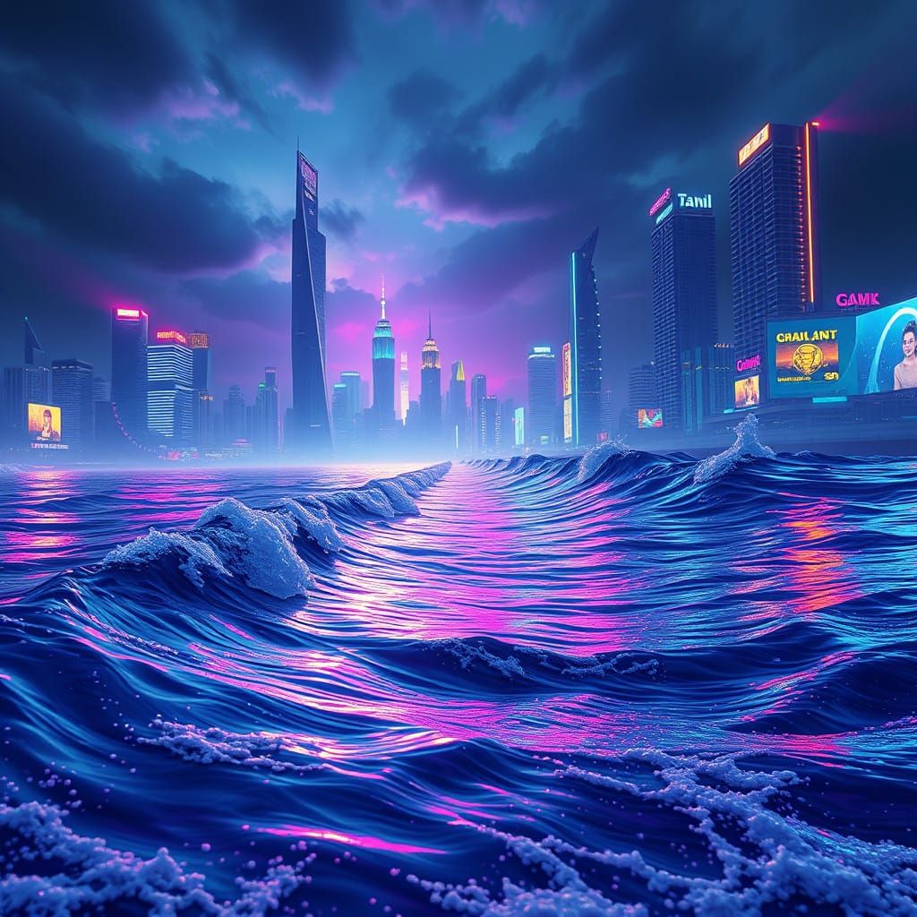 Futuristic Neon Waves Kiss Cyberpunk City Beach