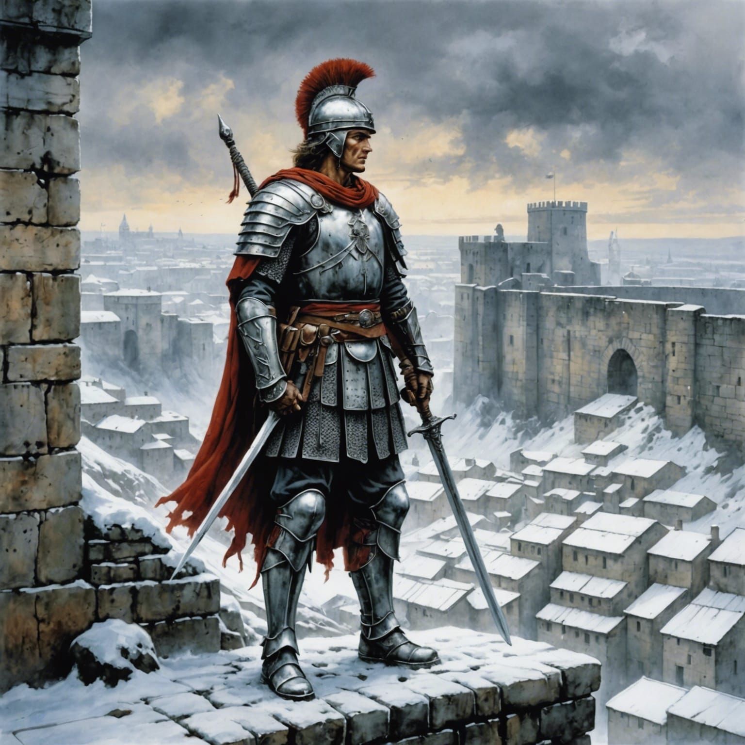 Roman Legionaries Guarding Wall in Winter Watercolor