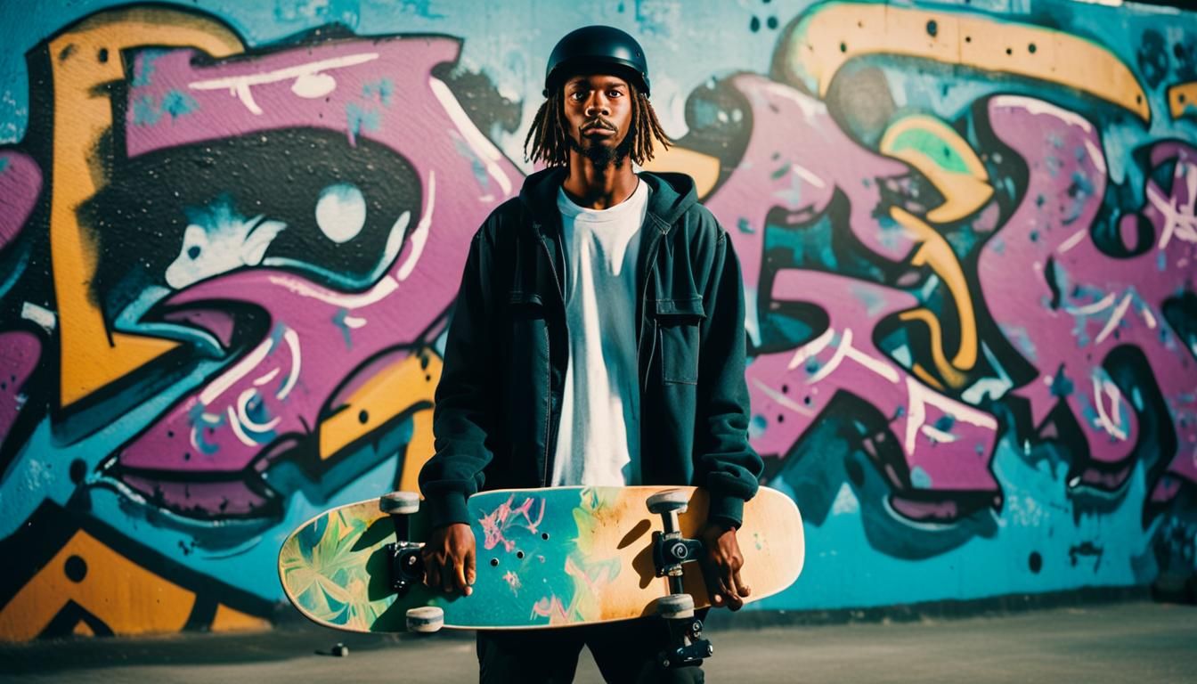Skateboarder in Graffiti Skatepark: Cinematic Film Still