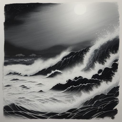 Monochromatic Japanese Princess on Moonlit Beach