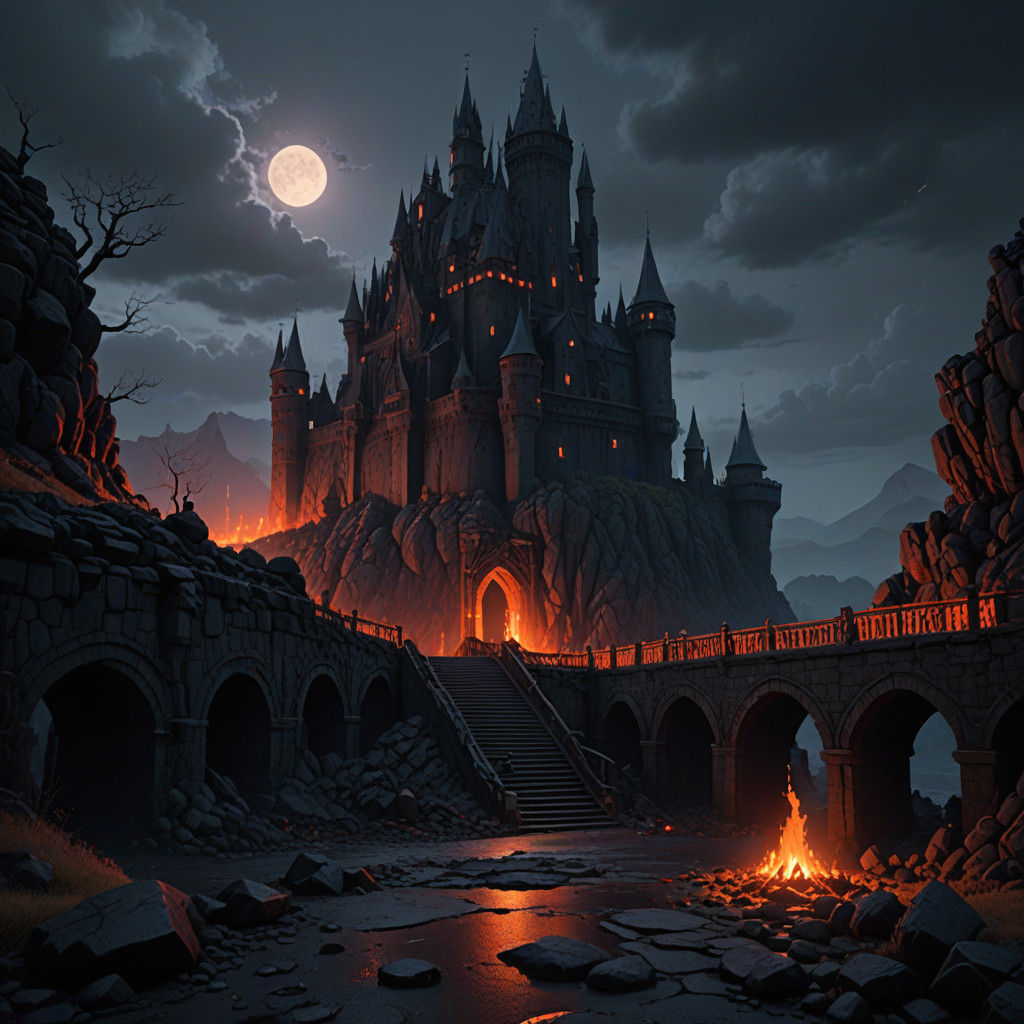 Ancient Castle Amidst Fiery Ruins in Dark Fantasy