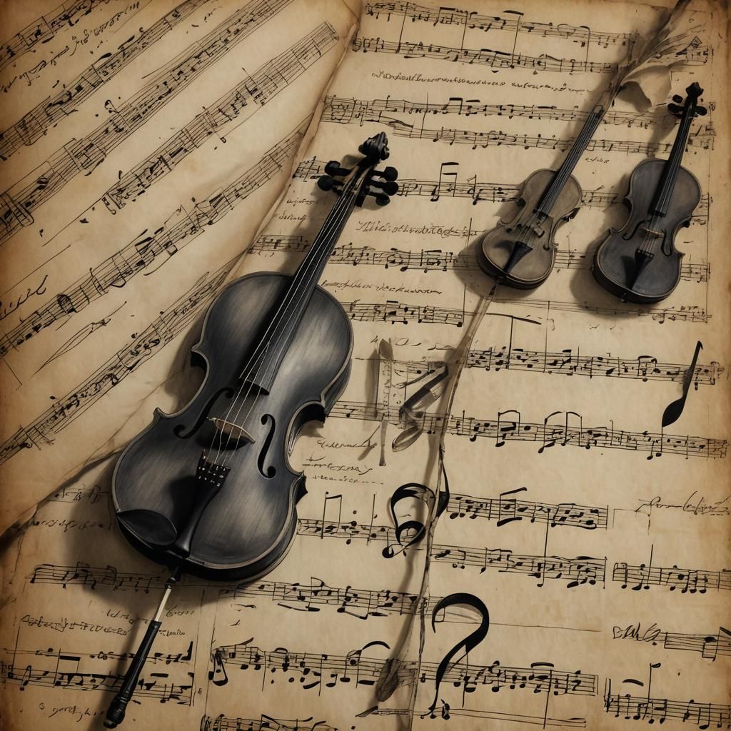 Antique Music Sheet Charcoal Drawing with Vintage Paper