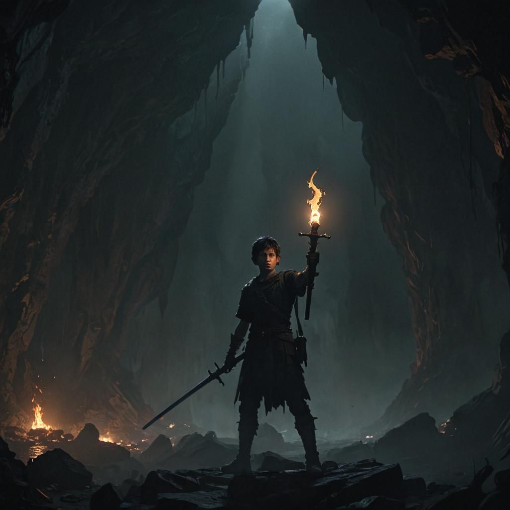 Boy with Sword Confronts Monsters in Dark Cave