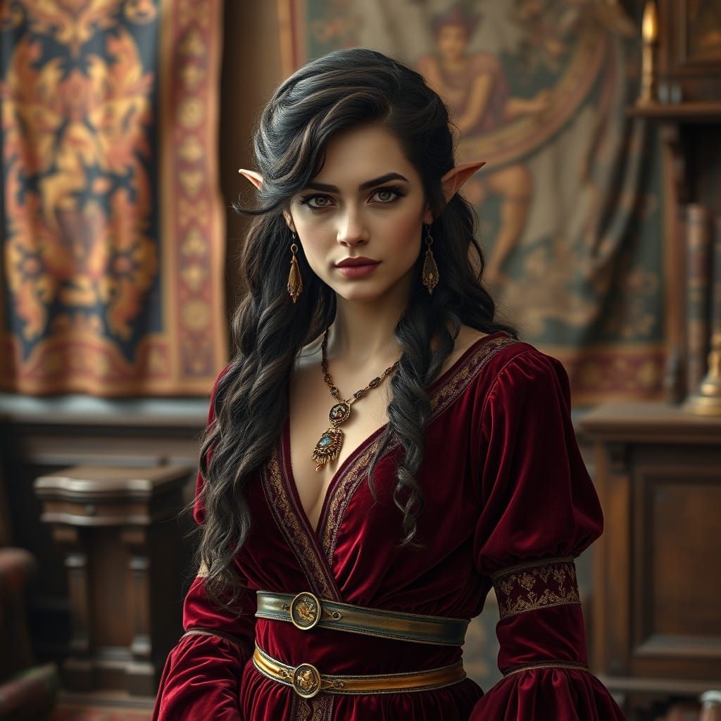 Elegant Elf Woman in Burgundy Velvet Dress