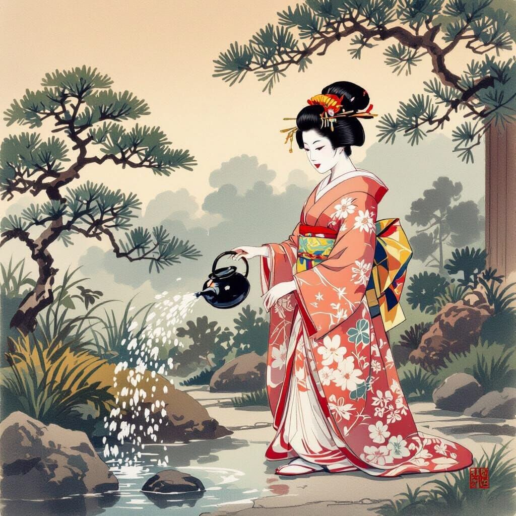 Geisha Tending Bonsai in Serene Garden, Japanese Art Style