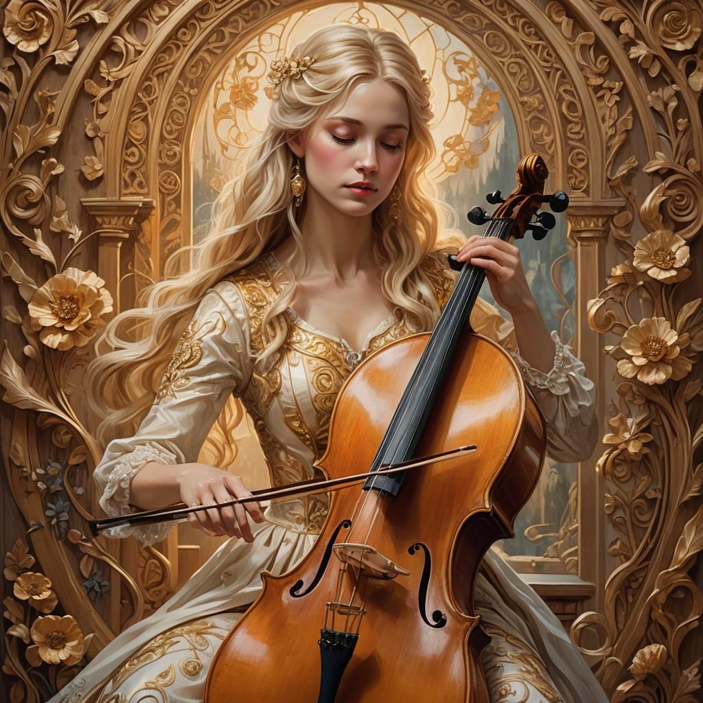 Goddess Playing Cello in Art Nouveau Style