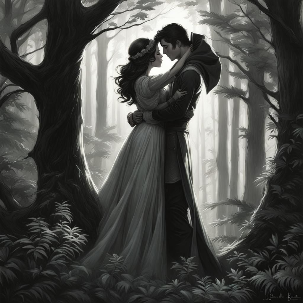 Romantic Kiss in Enchanted Forest, Fantasy Art