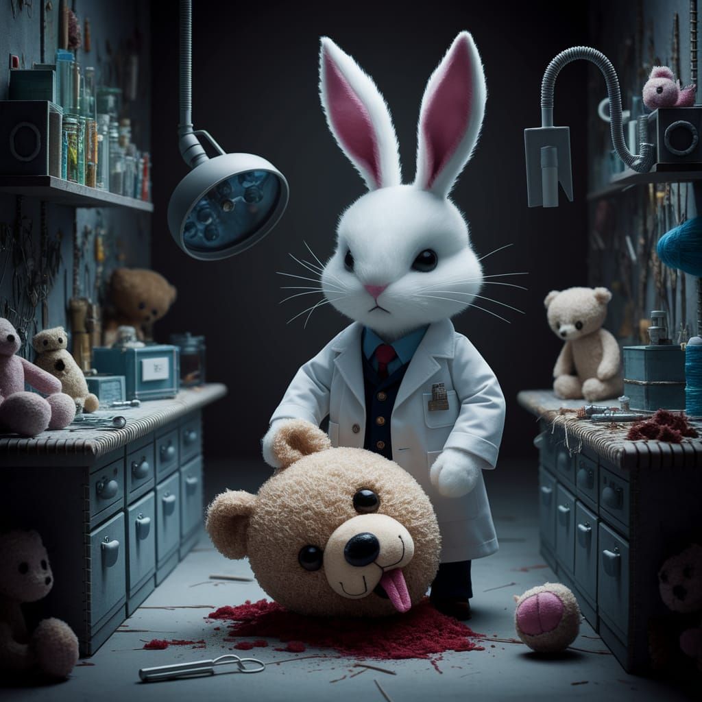 Sinister Felt Bunny Doctor With Severed Teddy Bear Head