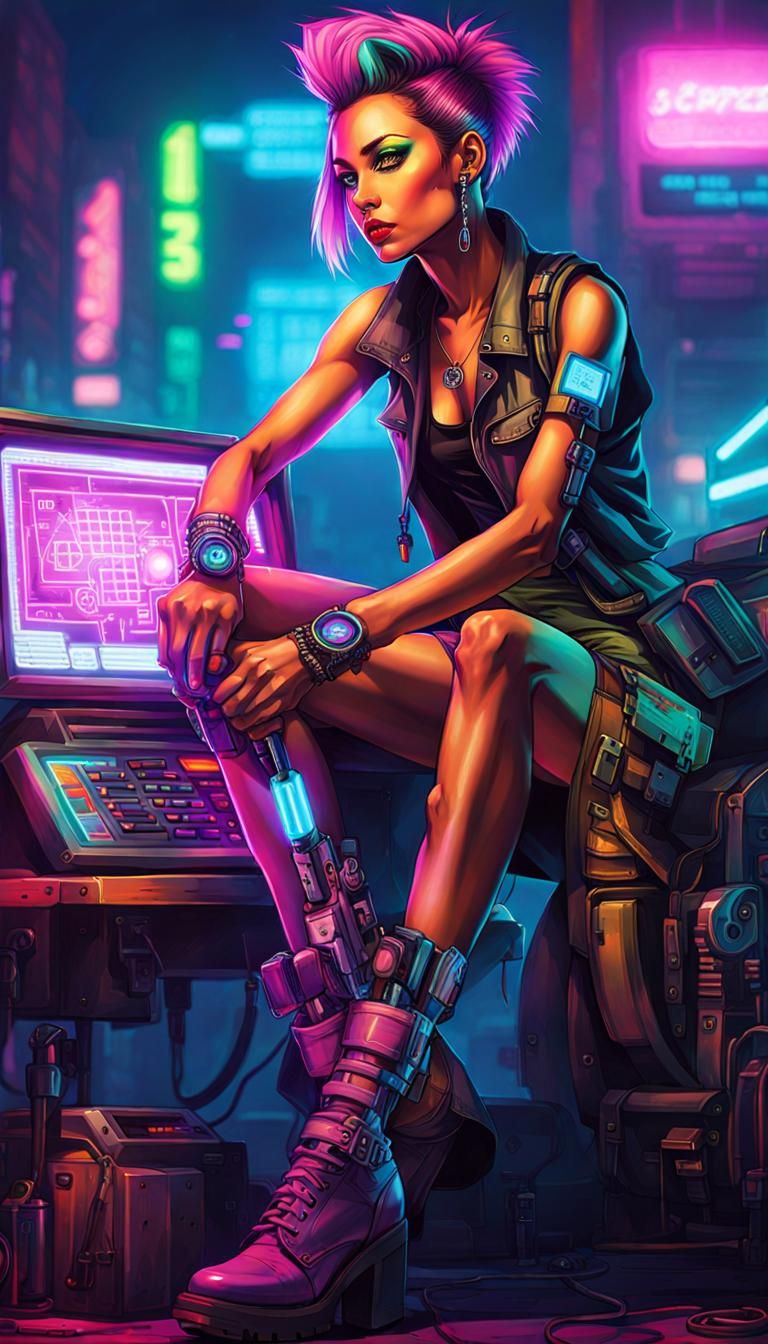 Cyberpunk Mechanic with Bionic Leg in Neon Graffiti City