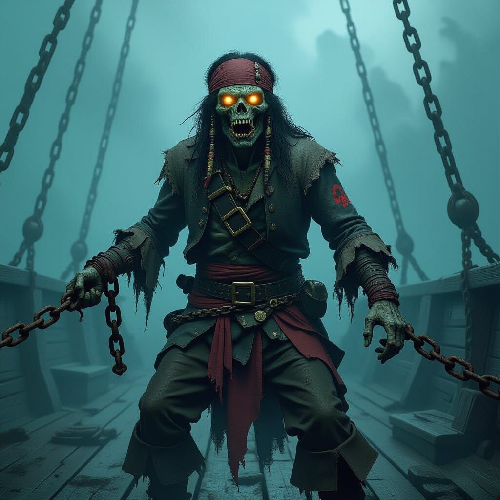 Pirate Zombie on Haunted Ship in Dark Fantasy Style