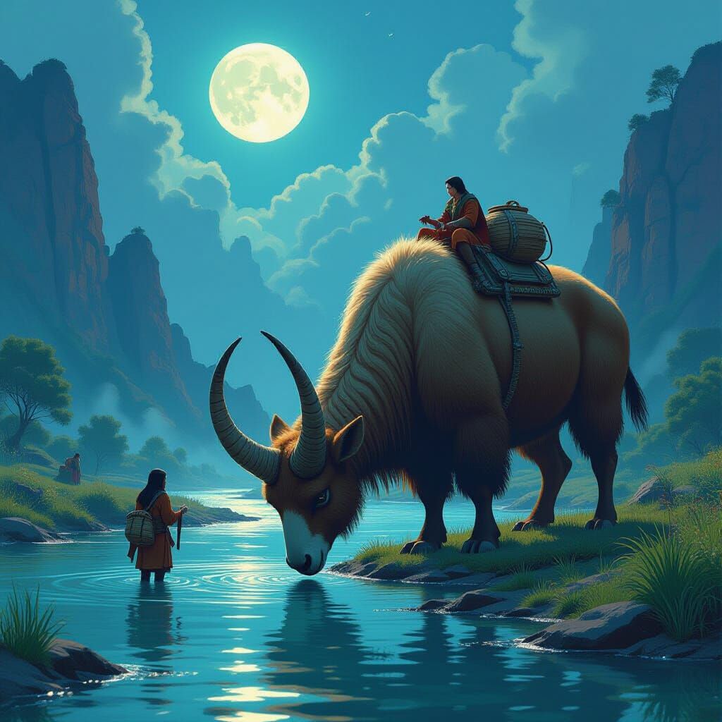 Macrauchenia Graze by Riverbanks in Mystical Moonlit Landsca...