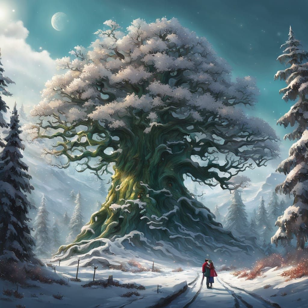 Winter Wonderland Scene in Vibrant Green and Gold