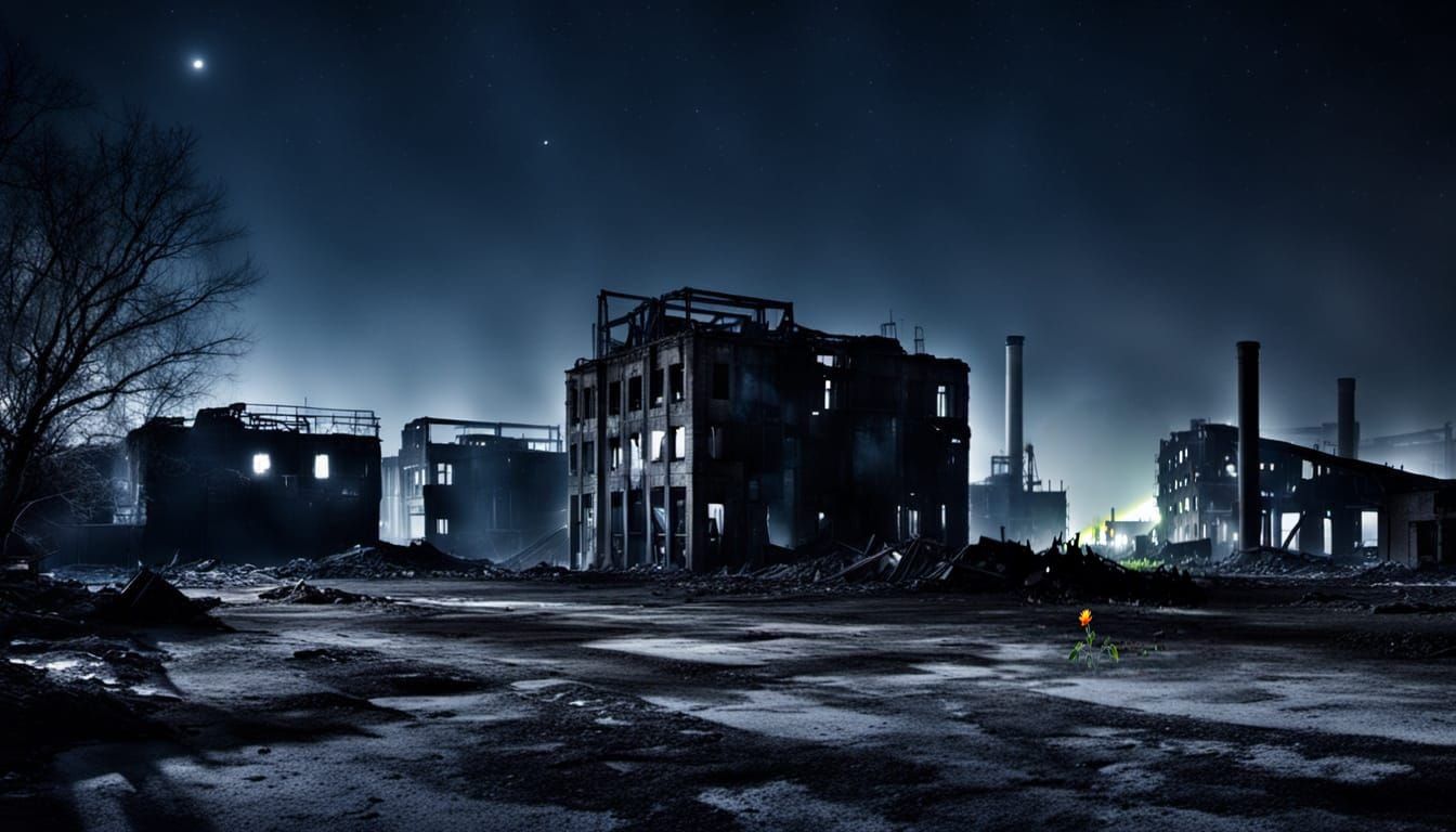 Vibrant Flower Blooms in Abandoned Industrial Landscape