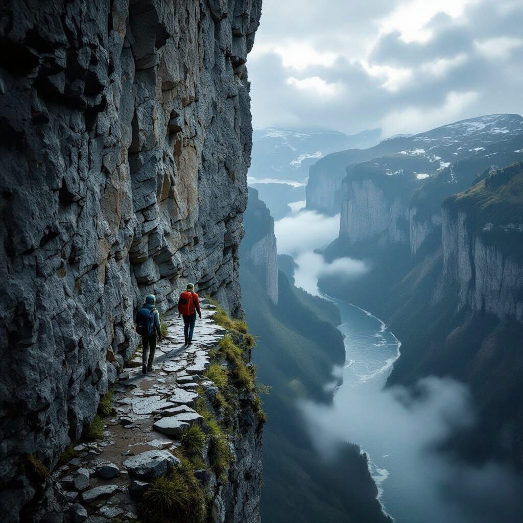 Hikers Meet on Treacherous Cliff Ledge