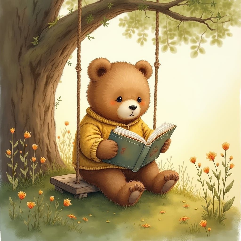 Bear in Sweater Reads Book: Beatrix Potter Style