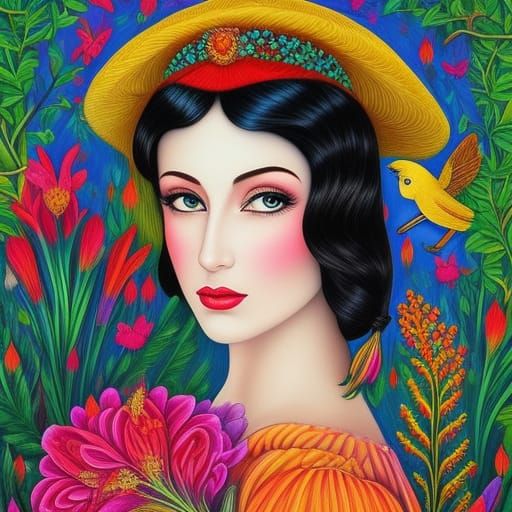 Girl with Birds in Fairytale Magic Realism Style