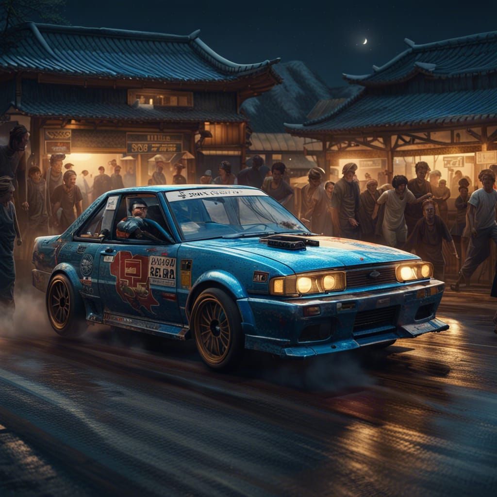 Japanese Drift Car Races in Moonlit Safari, Hyperrealistic