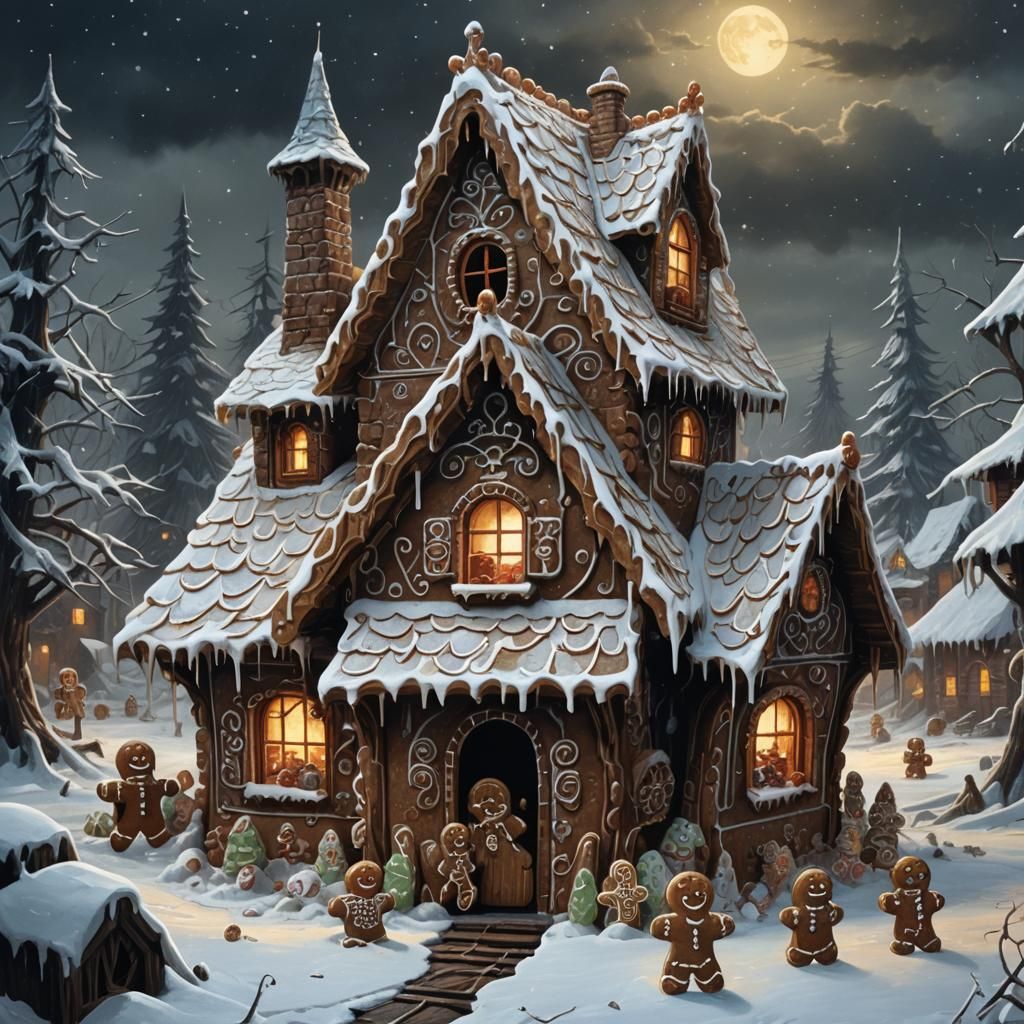 Gingerbread Family Amidst Winter Wasteland in Dark Fantasy