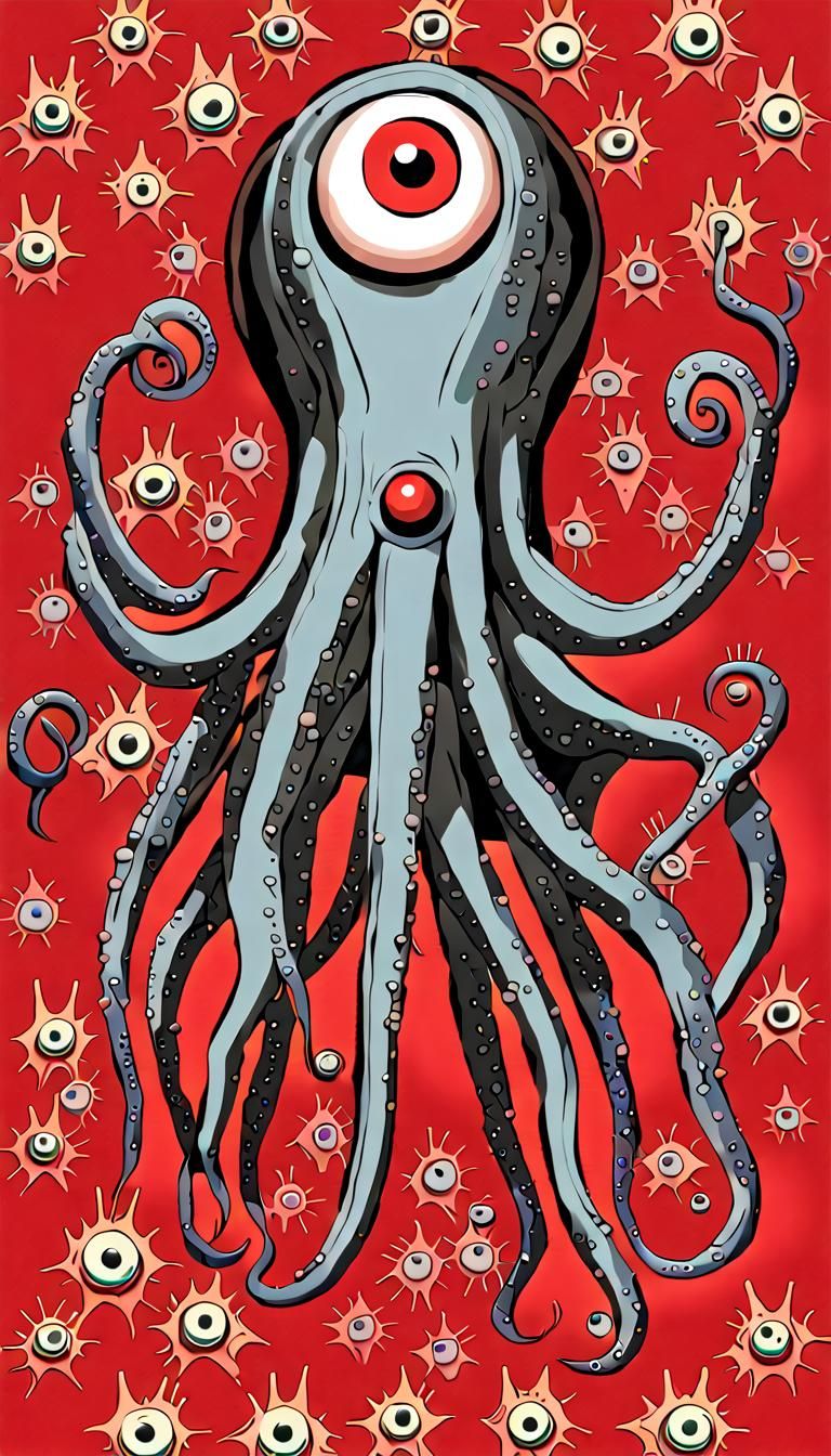 Pentagonal Eyeball Creature in Ancient City, Digital Art