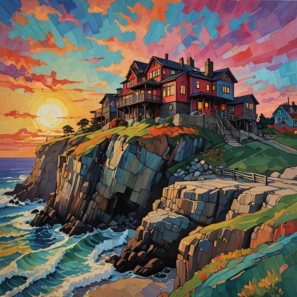 Surreal Cliffside House at Sunset in Expressionist Style