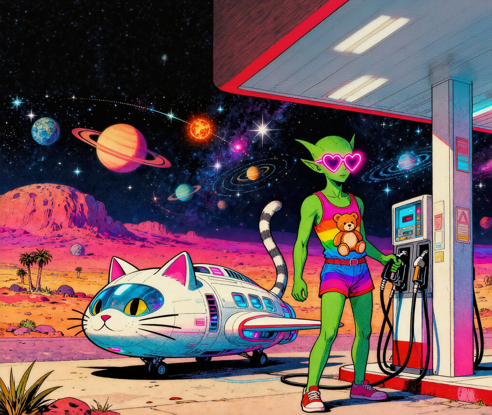 Alien Refuels Cat Spaceship in Neon Retro Sci-Fi Scene