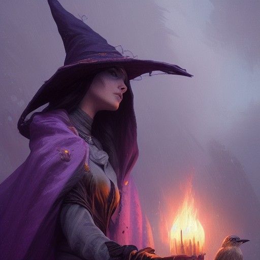 Violet Witch and Aarakocra Apprentice in Dark Fantasy Style