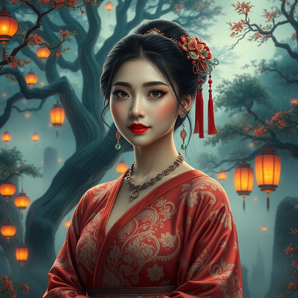 Ethereal Asian Goddess in Enchanted Forest with Glowing Lant...